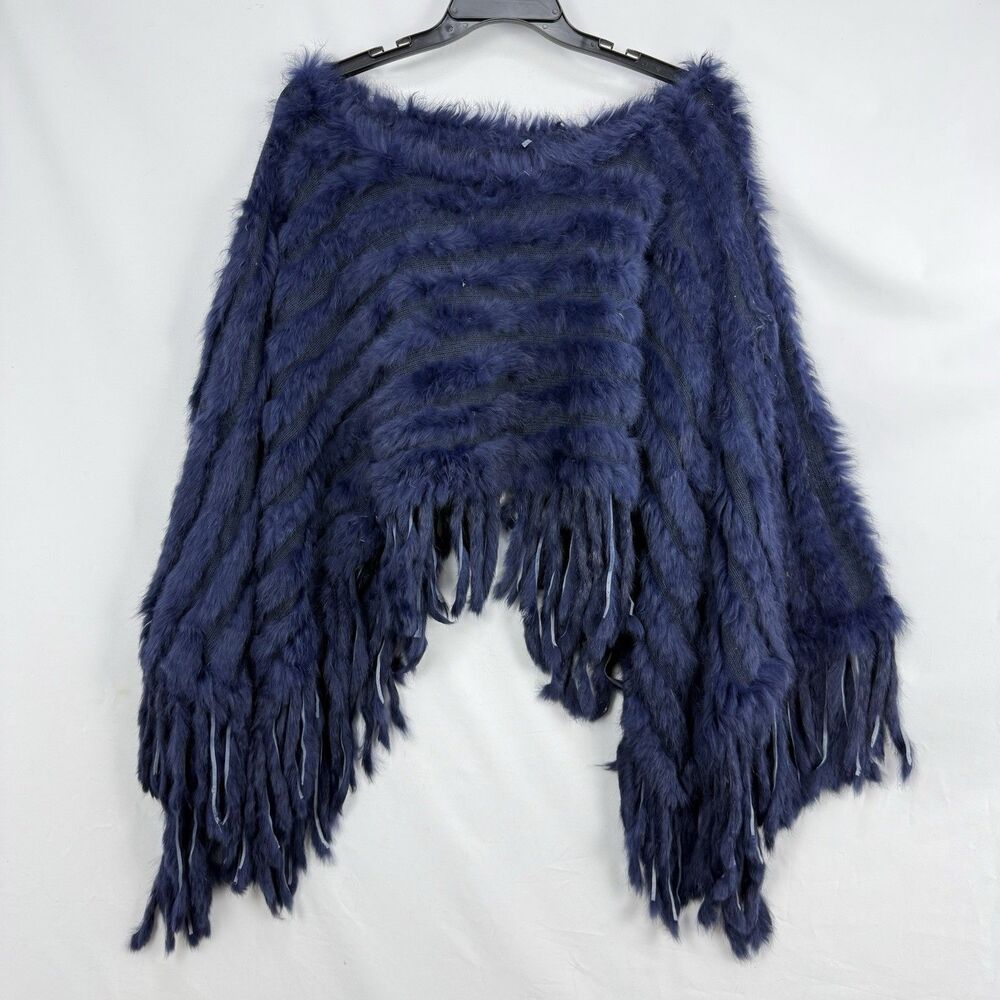 Navy Blue Faux Fur Poncho Cape Fringe Women’s One Size Soft Cozy Wrap - Picture 13 of 14